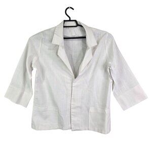 Womens White Open Front Linen Blazer Jacket 3/4 Sleeve Pockets Size XL